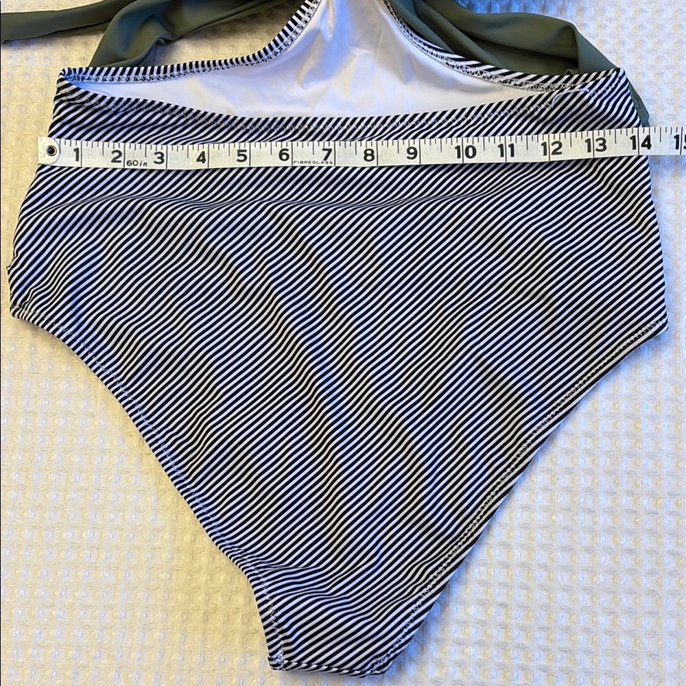 Medium Olive Sage Green Black White Striped Monokini One Piece Swimsuit - Picture 12 of 16
